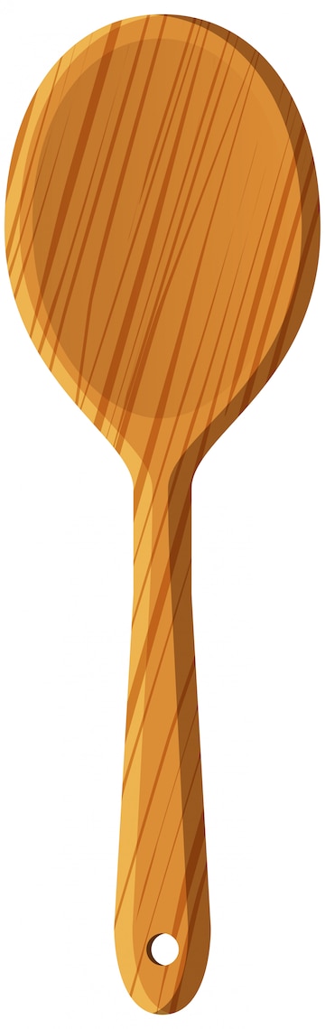 Illustration of a smooth wooden spoon with visible grain pattern and hanging hole at handle end.