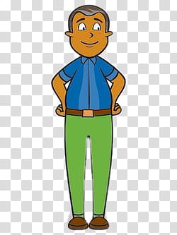 Cartoon man with gray hair, blue shirt, green pants, hands on hips, smiling confidently.