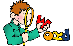 A cartoon boy with spiky brown hair uses a magnifying glass to examine colorful 3D letters spelling "WORD".