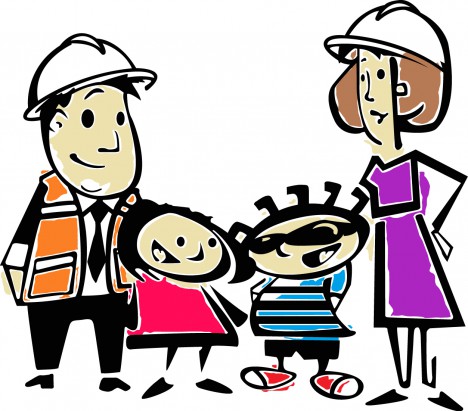 A cartoon family-father in construction vest and hard hat, mother in purple dress and hard hat, two smiling children-posing together.