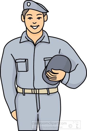 Smiling cartoon soldier in gray uniform holding cap, standing confidently with one hand in pocket.