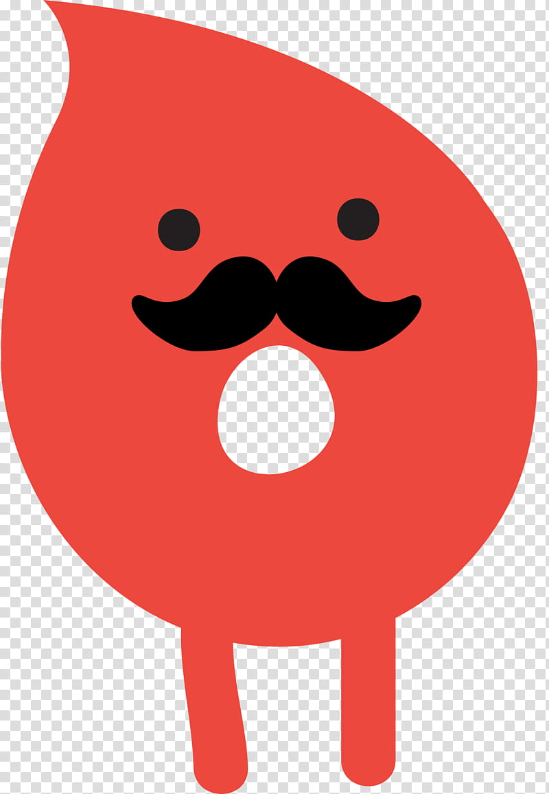 Red cartoon blood drop character with black mustache, round eyes, and open mouth, standing on two legs.