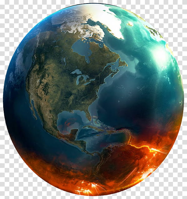 Earth with dramatic climate contrast-icy north, fiery south-symbolizing global warming and environmental crisis.
