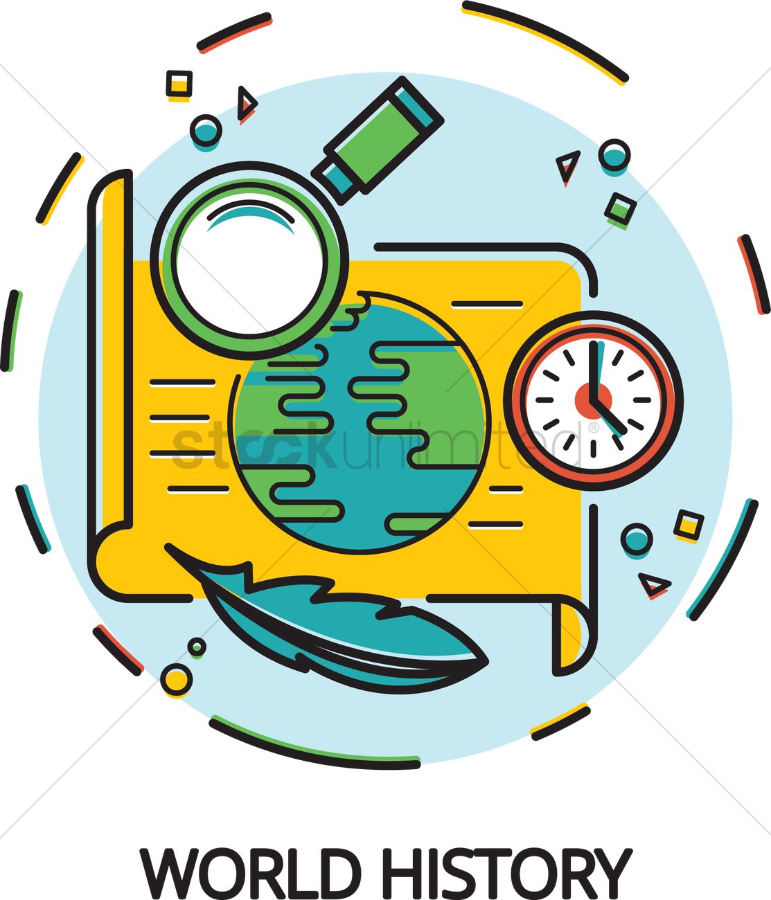 Colorful line-art illustration of world history with globe, magnifying glass, quill, clock, and scroll on light blue background.