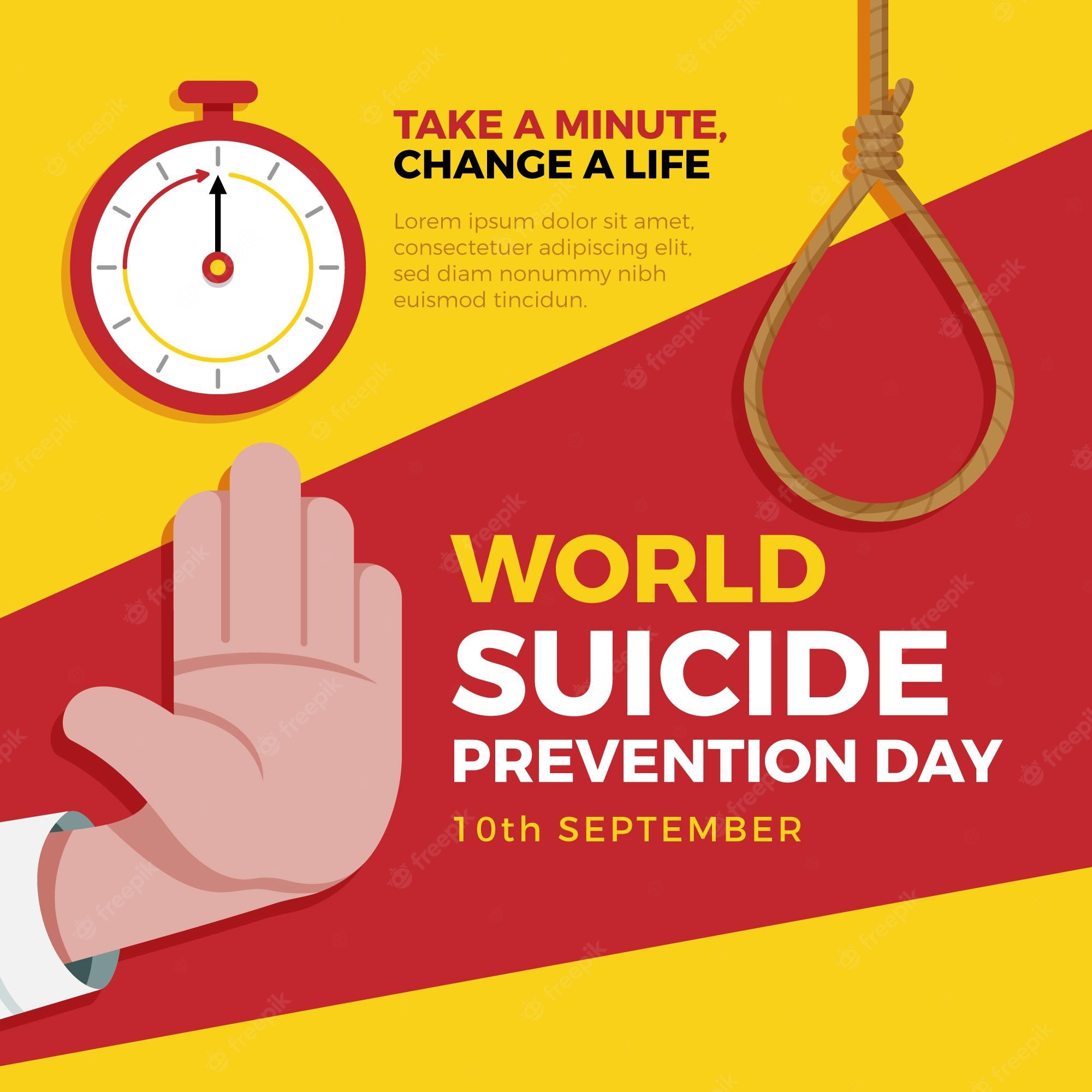Stopwatch, noose, and raised hand symbolizing suicide prevention awareness on World Suicide Prevention Day, September 10.