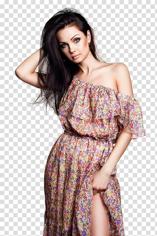 Woman with long dark hair wearing a floral off-shoulder dress, posing confidently against transparent background.