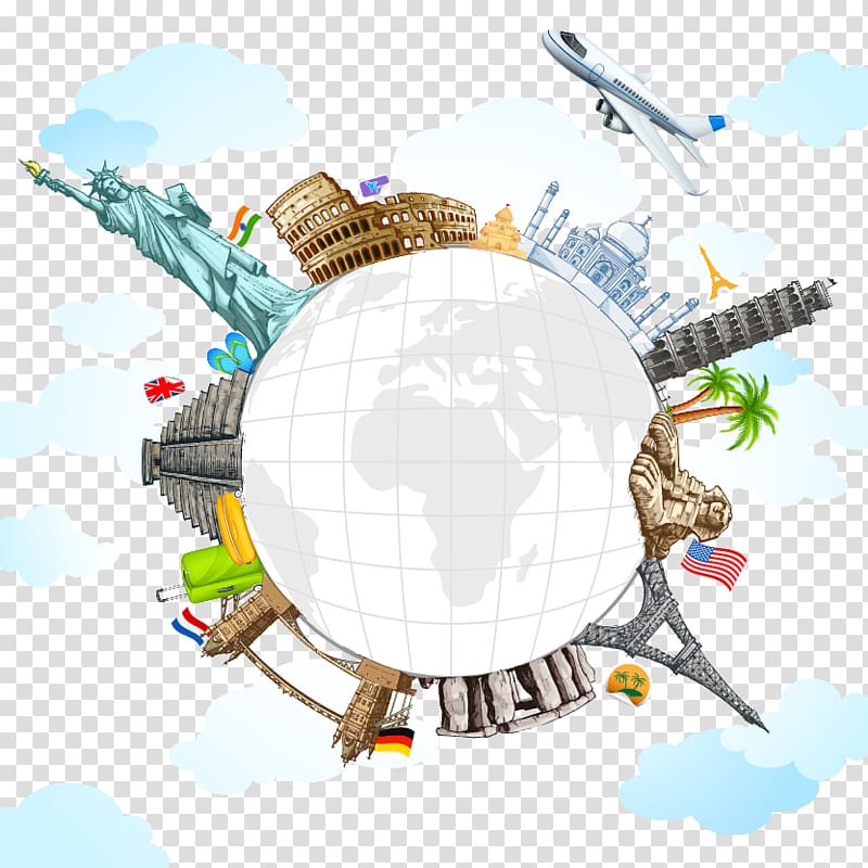 Global landmarks including Statue of Liberty, Eiffel Tower, Colosseum, Taj Mahal, and airplane circling a world globe with clouds.
