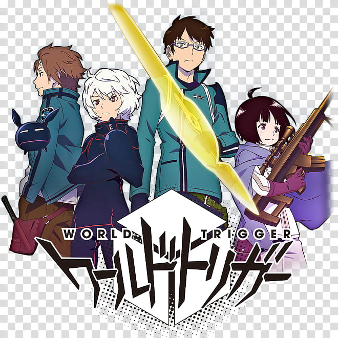 Four anime characters from "World Trigger" posed with weapons and a glowing yellow sword, logo below.