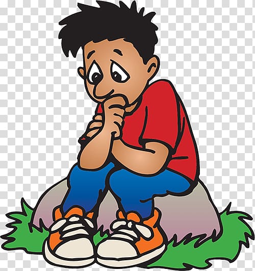 Sad cartoon boy sitting on a rock, hands clasped near mouth, wearing red shirt and blue pants.