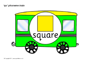 Green cartoon train labeled "square" with a yellow square in a circular window, teaching the 'qu' phoneme.