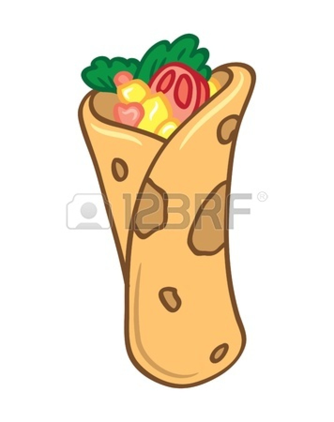 Cartoon-style burrito with lettuce, tomato, corn, and cheese spilling from a folded tortilla.