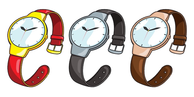 Three colorful cartoon-style wristwatches with yellow-red, gray-black, and beige-brown straps on white background.