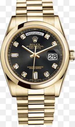 Gold Rolex Day-Date with black dial, diamond hour markers, day/date display, and President bracelet.