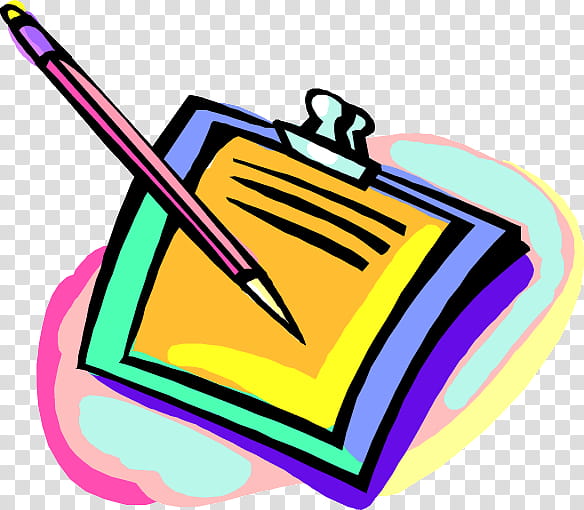 Colorful cartoon clipboard with lined paper and pencil, surrounded by soft pastel swirls.