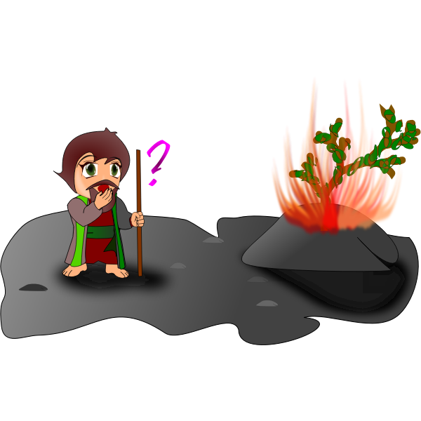 A cartoon figure with a staff stands in awe before a burning bush with green leaves untouched by flames.