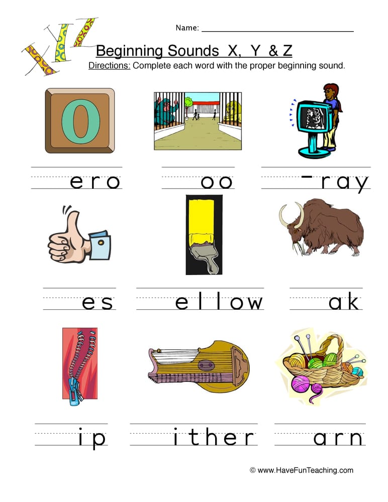 Educational worksheet for children to practice beginning sounds X, Y, and Z with illustrated words and fill-in-the-blank exercises.