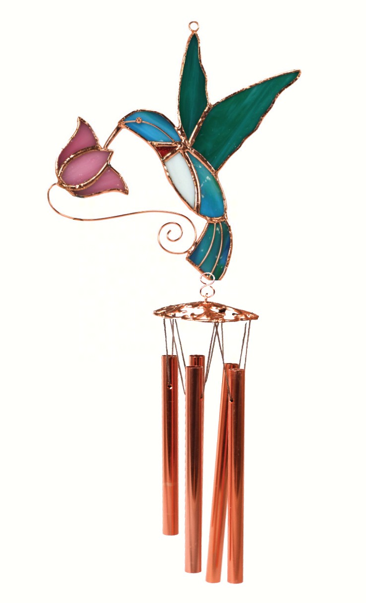 Stained glass hummingbird wind chime with copper tubes and floral detail, hanging decor piece.