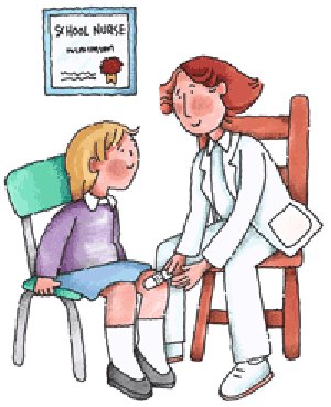 A school nurse in a white coat examines a seated child's knee while smiling, with a "School Nurse" certificate on the wall.