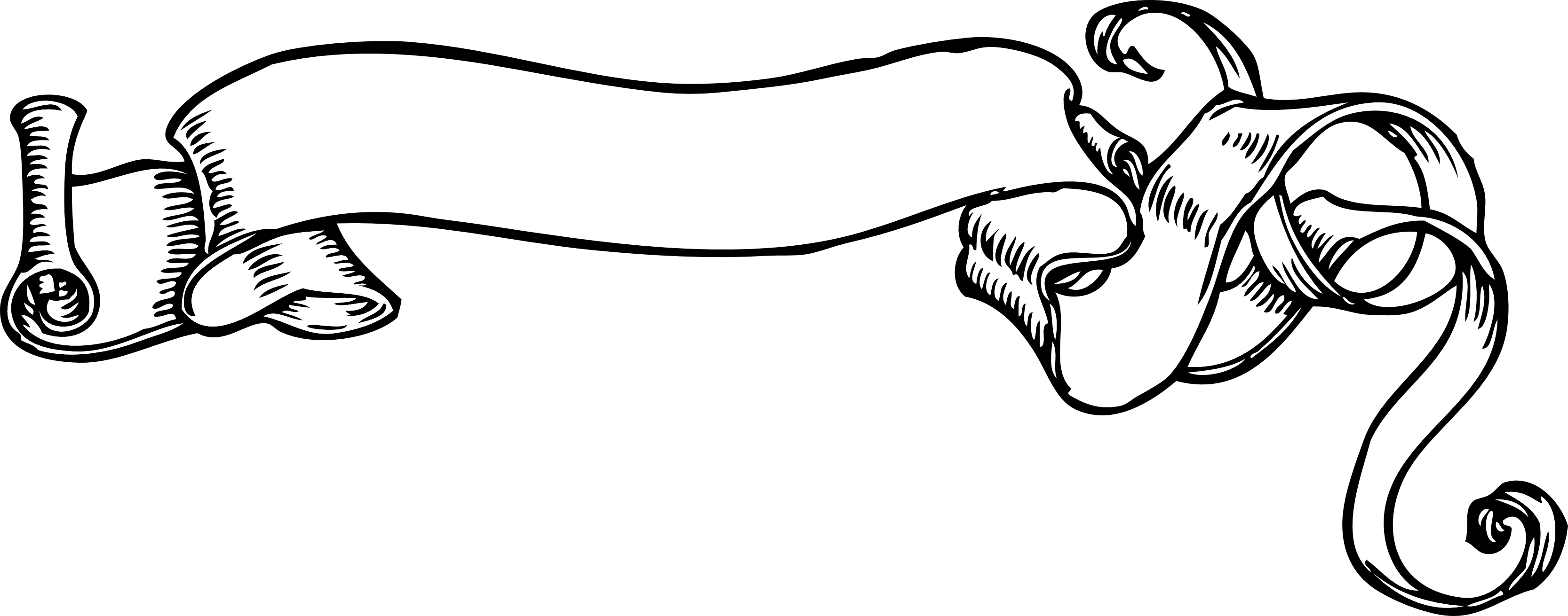 Ornate black-and-white scroll banner with decorative flourishes and empty central space for text.