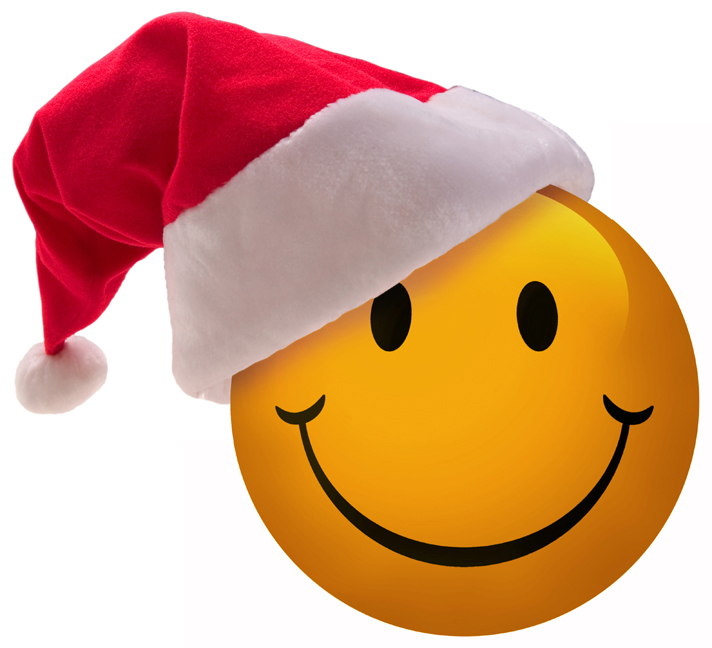 Cheerful yellow smiley face wearing a red Santa hat with white trim and pom-pom.