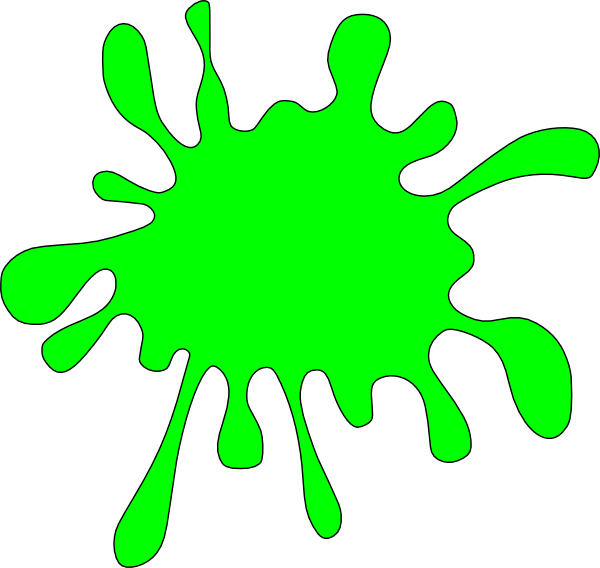 Bright green splatter graphic with irregular tentacle-like edges on white background.