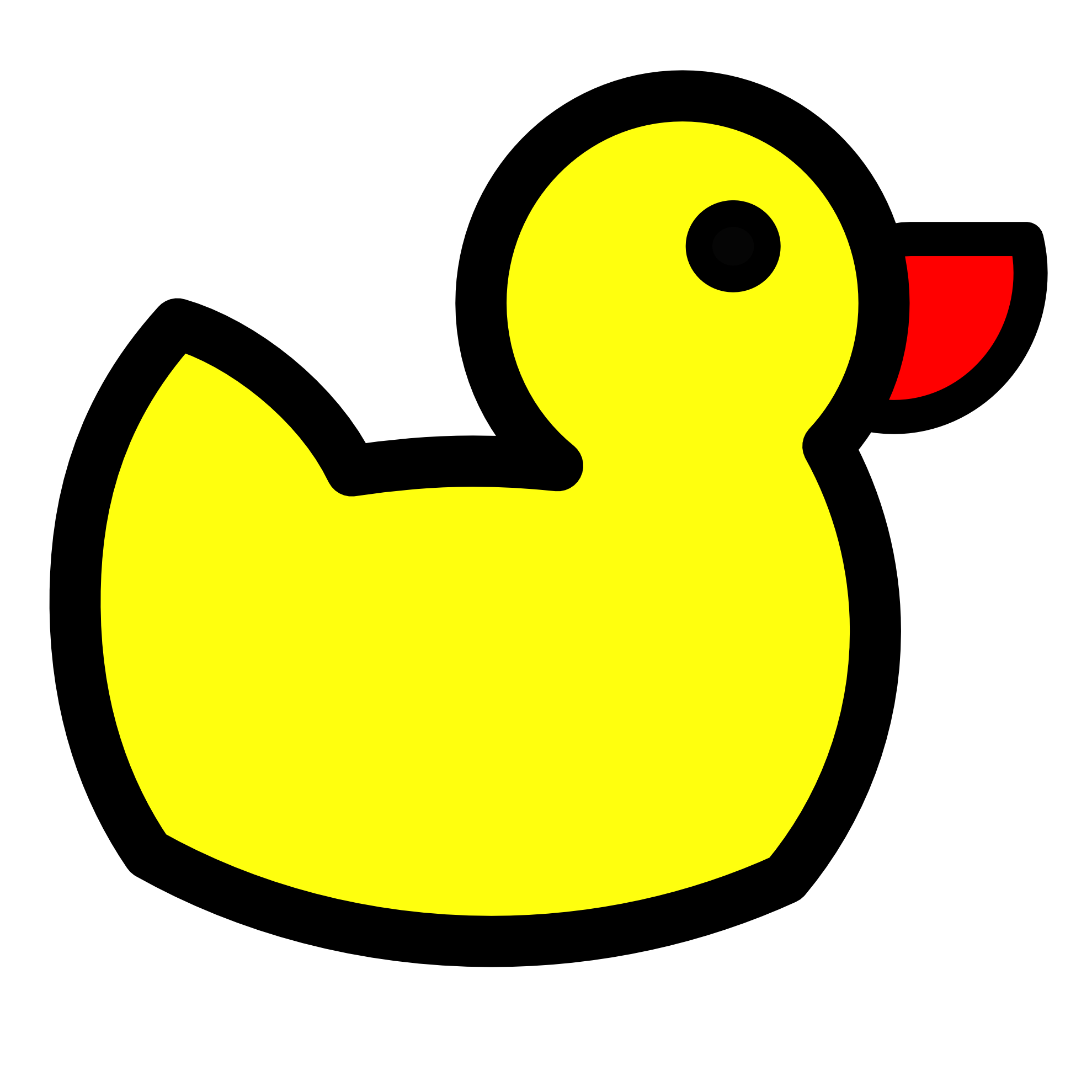 Bright yellow rubber duck with black outline, red beak, and simple black eye, cartoon-style illustration.
