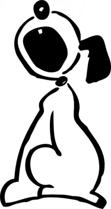 Black-and-white cartoon dog sitting upright with large open mouth and raised paw, stylized minimalist line art.