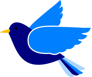 Stylized blue bird in flight with yellow beak and white wing outline, vector illustration.