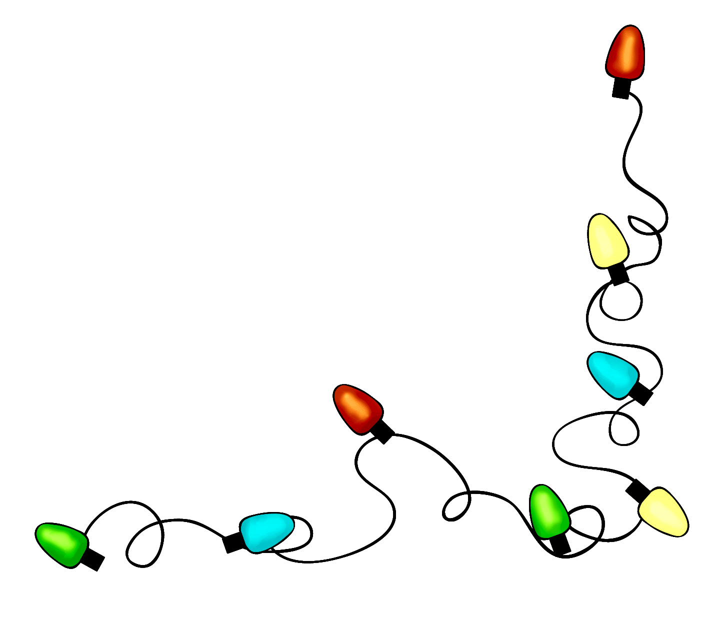 Colorful Christmas string lights arranged in a decorative L-shaped border on white background.