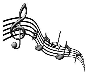 Black-and-white musical staff with treble clef and flowing notes on white background.
