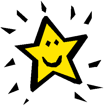 A cheerful yellow star with a smiling face, bold black outline, and radiating shards on a gray background.
