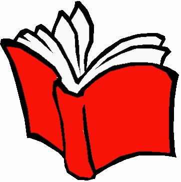 A stylized red open book with white pages and black outlines, symbolizing reading or literature.