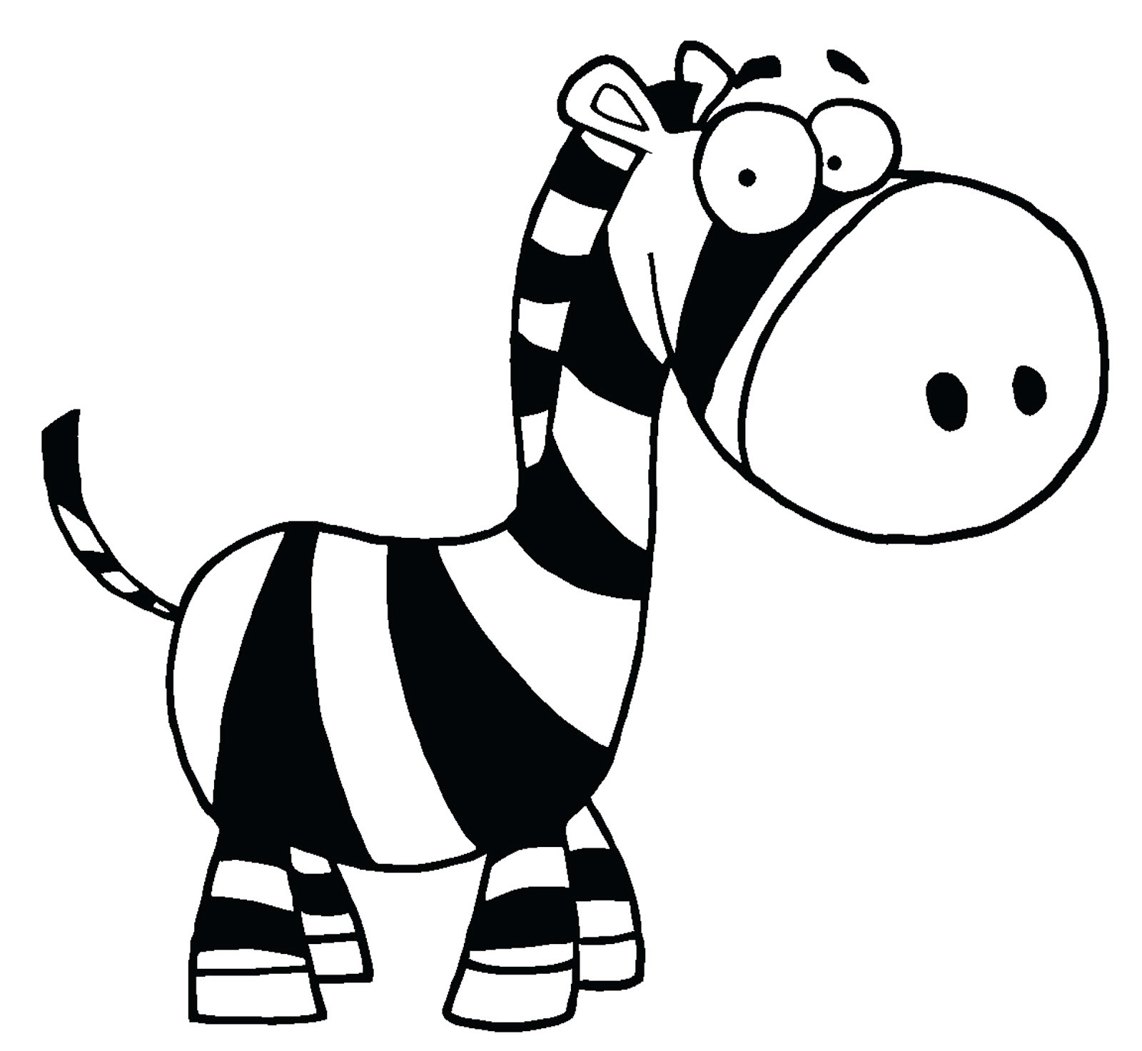 Cartoon zebra with large eyes and striped pattern, standing sideways in black-and-white line art style.