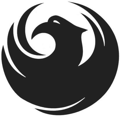 Stylized black phoenix head emerging from swirling flames in a circular design.
