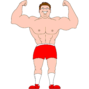 Cartoon muscular man flexing biceps in red shorts and white socks, smiling confidently.