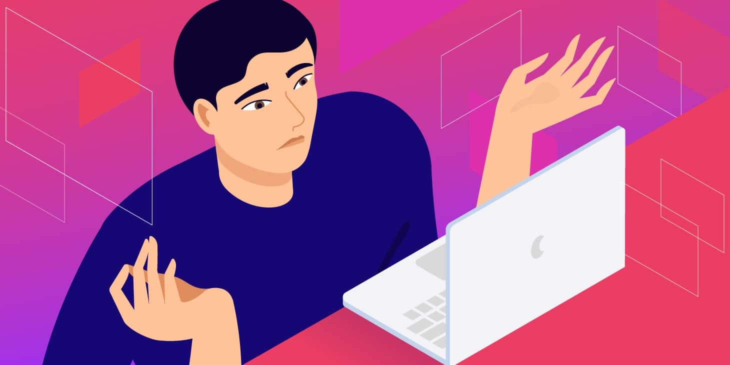 Frustrated person gesturing at laptop with abstract digital background