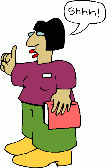 A cartoon woman in purple shirt and green pants holding a red book, gesturing "shhh!" with finger to lips.