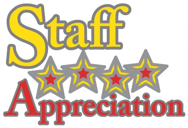 Staff Appreciation graphic with yellow "Staff", red "Appreciation", and four gray stars with red centers and yellow outlines.