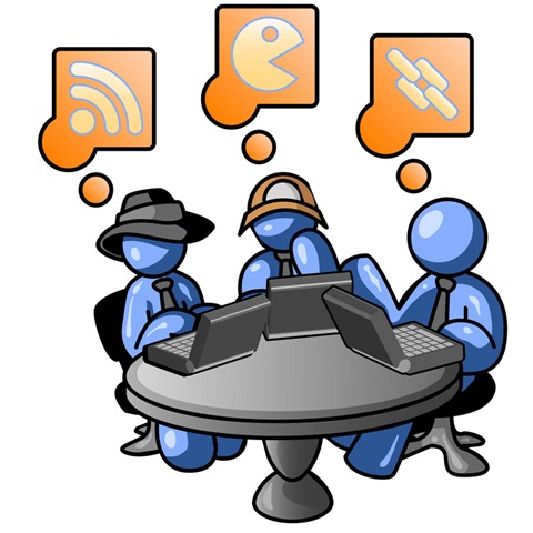Three blue cartoon figures in suits and hats sit at a table with laptops, thinking about RSS, Pac-Man, and code symbols.