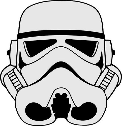 Iconic white Stormtrooper helmet from Star Wars, featuring black visor and breathing vents.