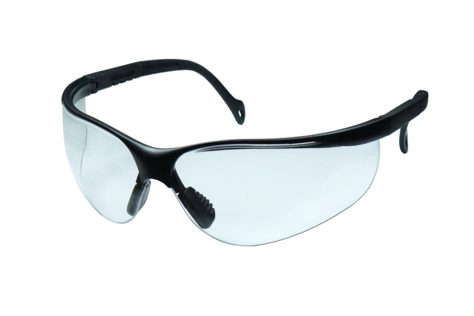 Black-framed safety glasses with clear wraparound lenses and adjustable nose pads on white background.