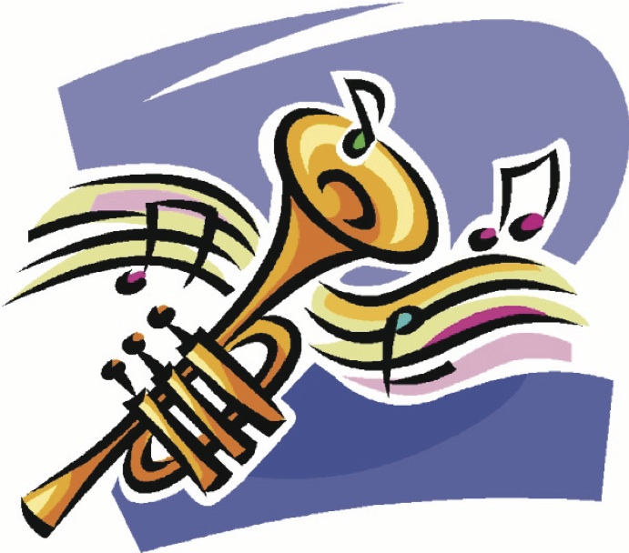 Stylized golden trumpet with musical notes and colorful waves on purple background.