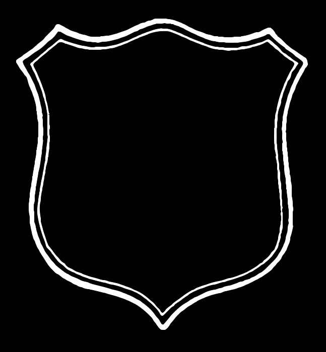 White double-lined shield outline on black background, symbolizing protection or security.