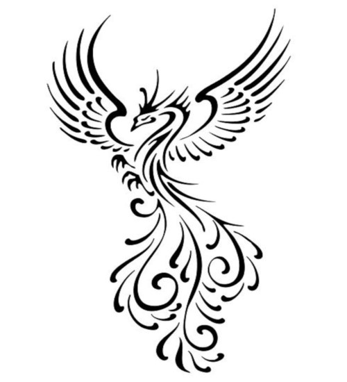 Stylized black-and-white phoenix with outstretched wings and ornate tribal swirls in its tail and body.