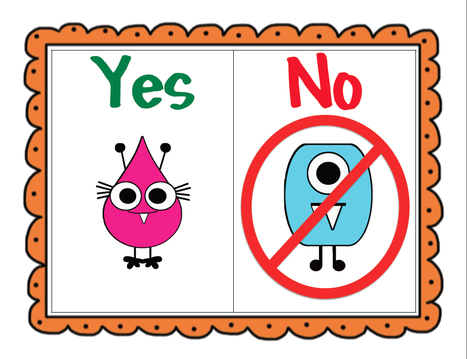 A colorful educational chart showing a pink character under "Yes" and a blue character with a red prohibition sign under "No".