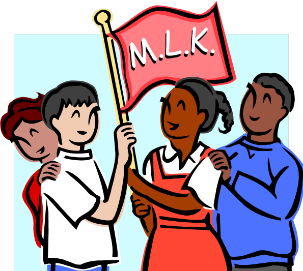 Diverse group of four people holding a red "M.L.K." flag, smiling and united in celebration or commemoration.