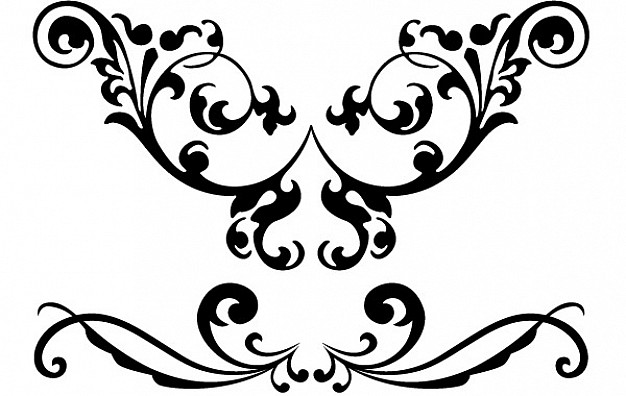 Black ornamental scrollwork design with symmetrical floral flourishes and swirls on white background.