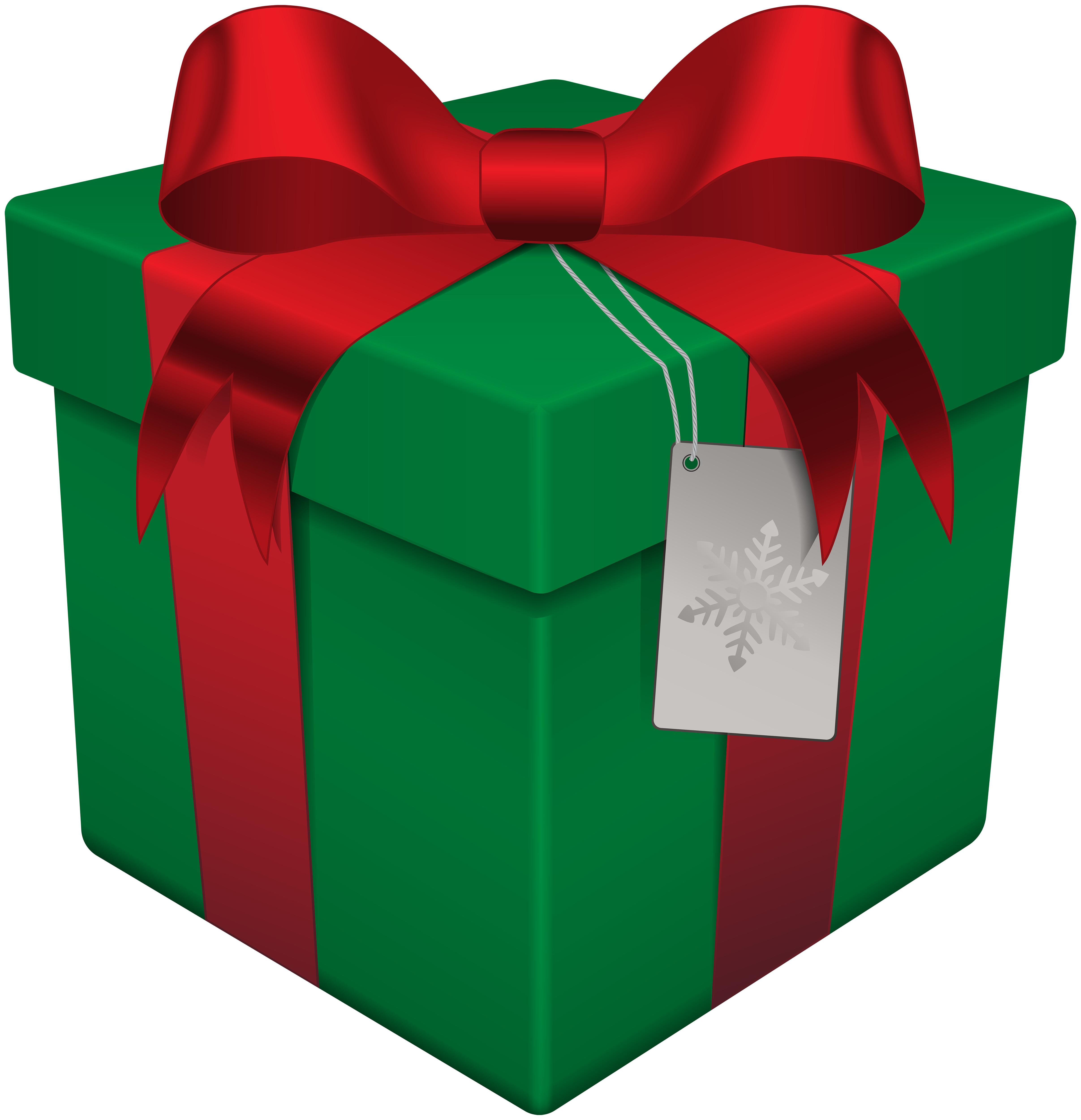 Green gift box wrapped in red ribbon with snowflake tag, festive holiday present.