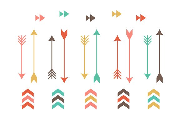 Collection of colorful flat-style arrow icons in various orientations and designs, including feathered, solid, and chevron styles.