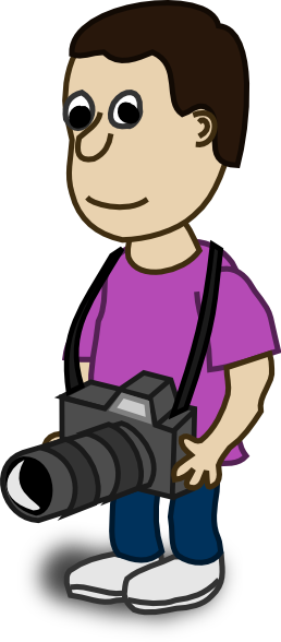 Cartoon man with brown hair wearing purple shirt, holding a DSLR camera with strap over shoulder.
